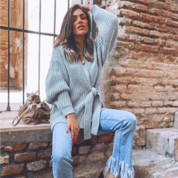 ZARA Sage Green Knit Wrap Tie Belt Cardigan M Sweater Chunky Knit Cozy Soft Long - Picture 5 of 16